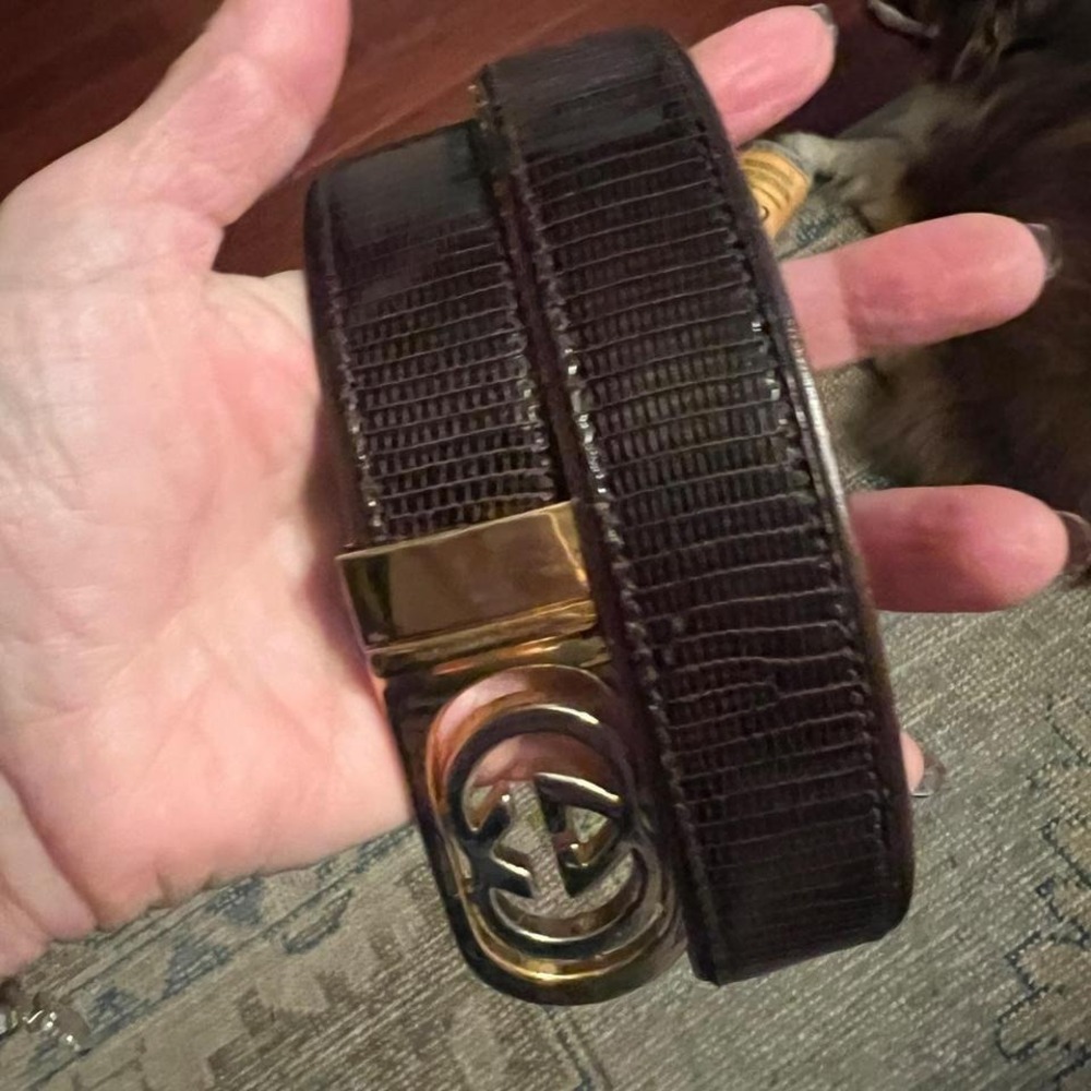 Gucci Vintage Lizard Skin Belt Brown Gold Interlocking GG Buckle Italy  XS